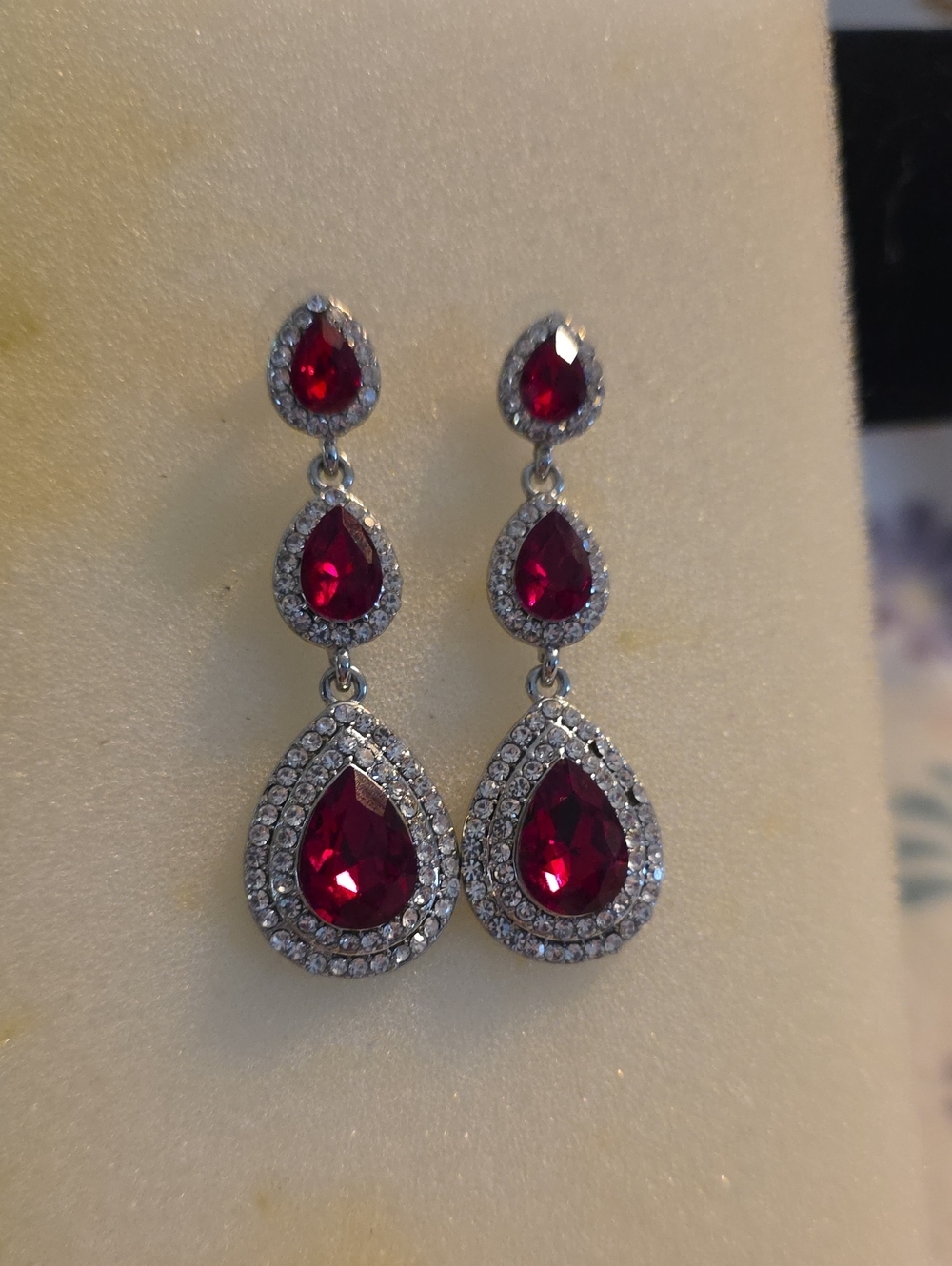 Red Teardrop Crystal Drop Earrings - Unbranded